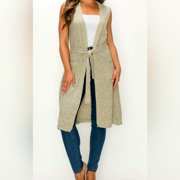 Women Knee-length Knit Vest Cardigan with Belt - Picture 1 of 1